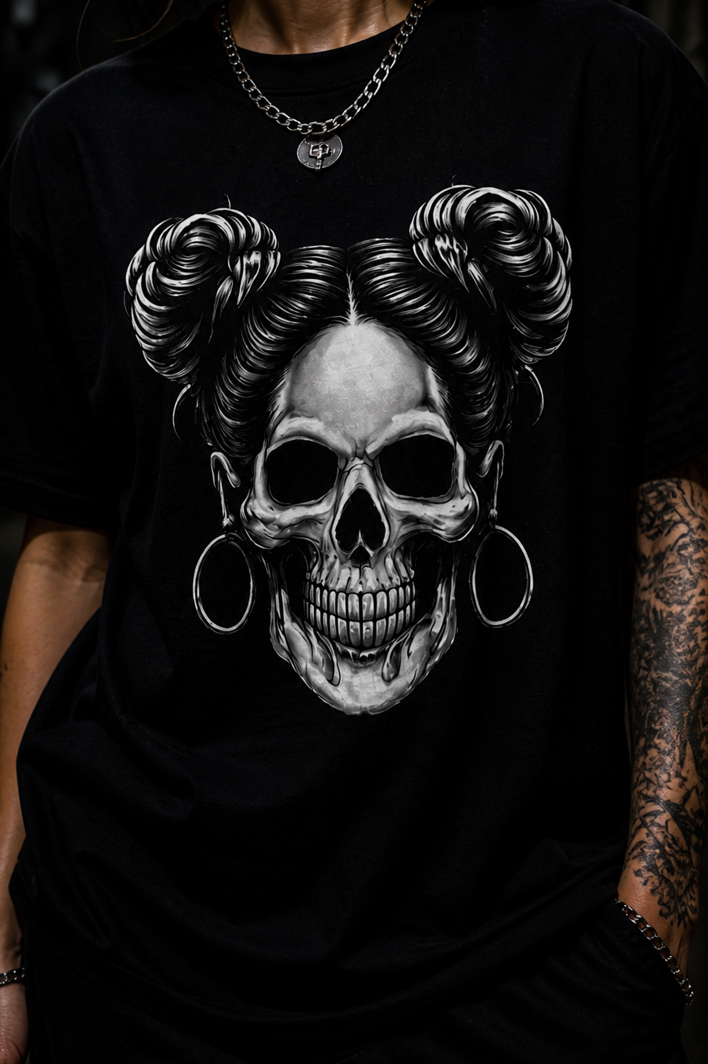 Dark Habit Skull Girl Statement Tee - Black